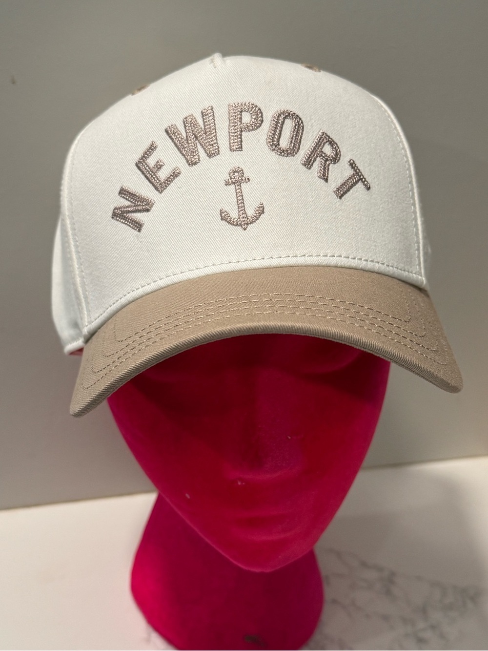 Newport Embroidered Anchor Baseball Cap - White & Tan
